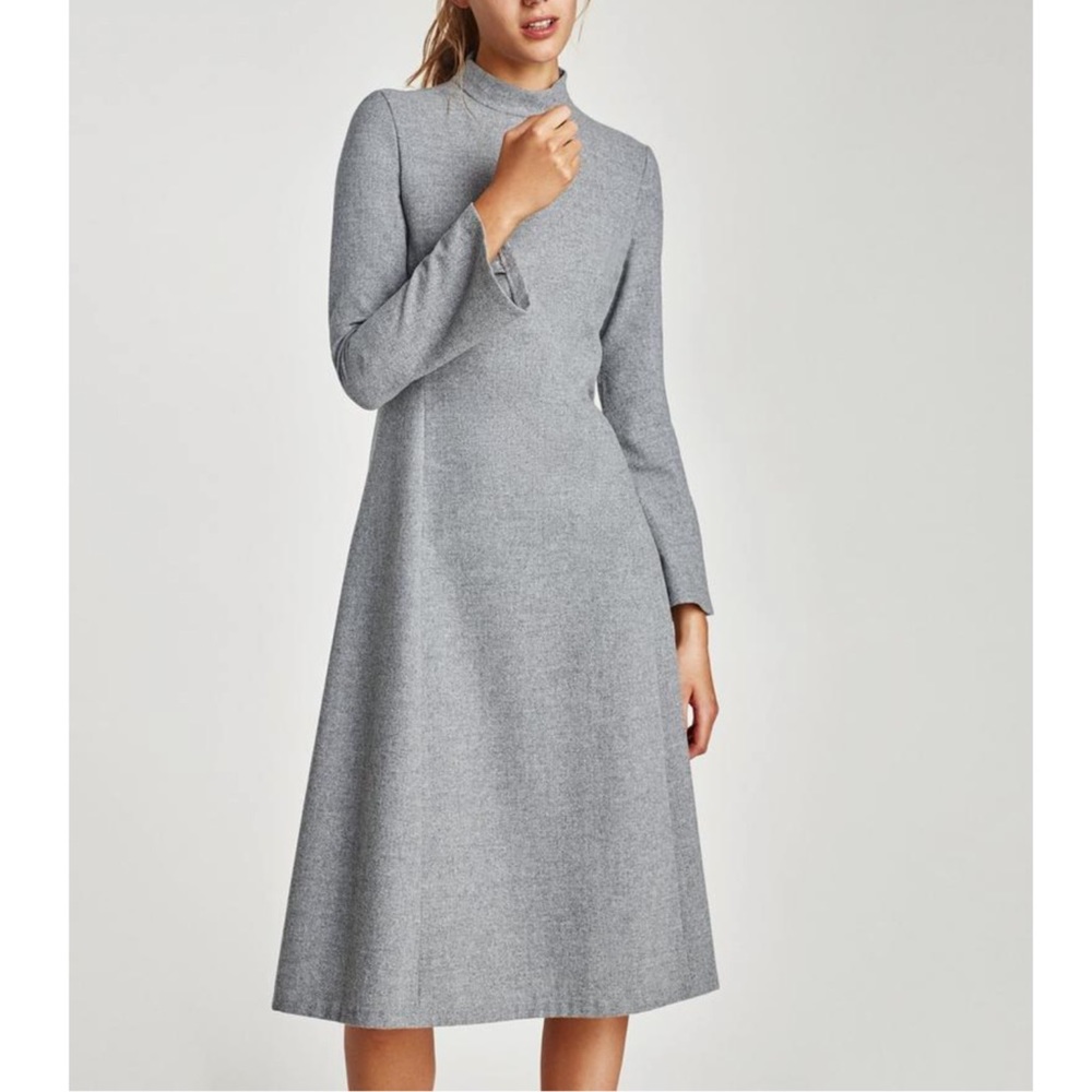 Zara Grey Wool-blend long sleeve midi dress